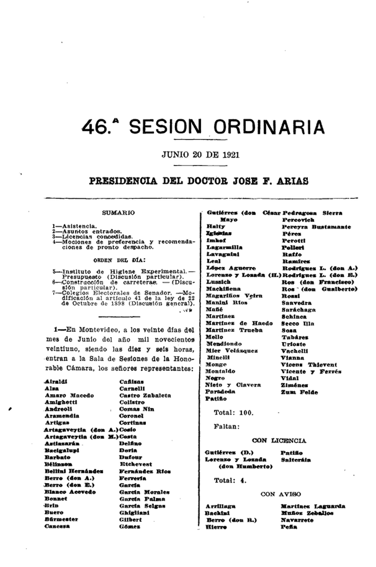 DIARIO DE SESIONES DE LA CAMARA DE REPRESENTANTES del 20/06/1921